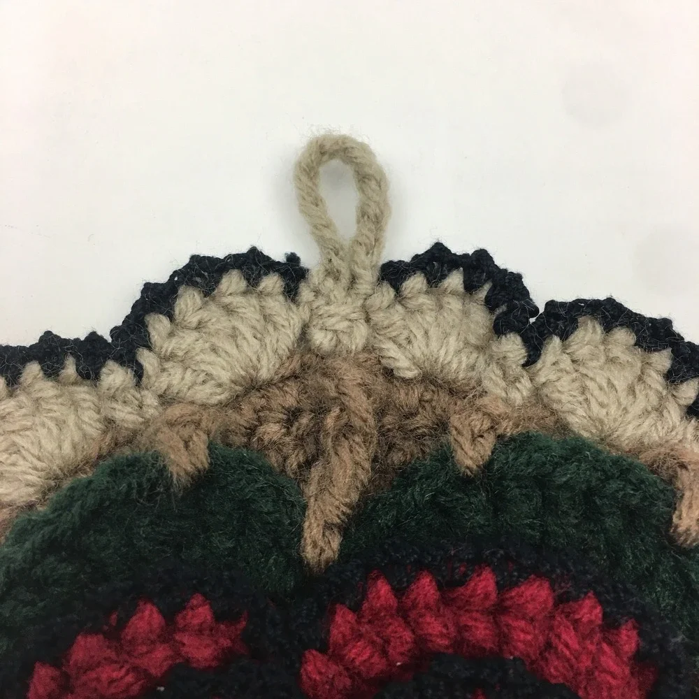 Handmade Vtg Crochet Hanging Decorative Pot Holder Trivet Flower Red Green Brown